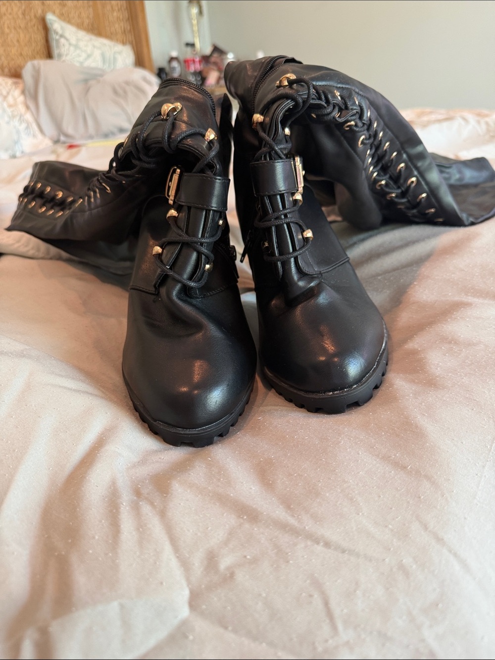 NWOT Women's Black Lace-Up Thigh High Boots with Gold Accents